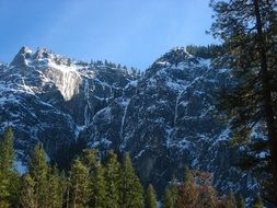 Pictorial panorama of forest and mountains in Yosemite National Park, California