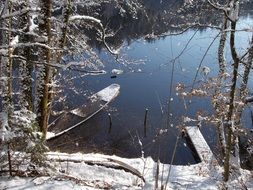 lake with a boat in the winter forest
