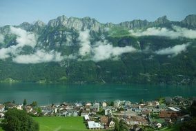 village at mountain lake, summer Landscape, Switzerland