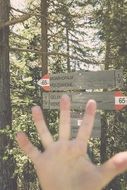 open palm in front of direction sign on Hiking Trail