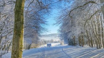 panorama of winter forest road in a hilly area, rhon