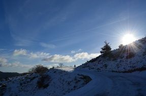sun behind a snowy mountain