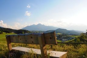 wooden bench view Idyll Mountains Valley