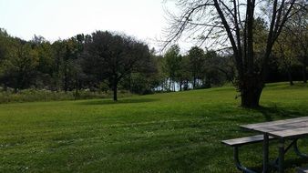wooden bench with a table in a green park on a lake background