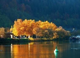 colors of autumn are reflected in a picturesque lake