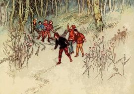 illustration of the Warwick Goble, children in the forest