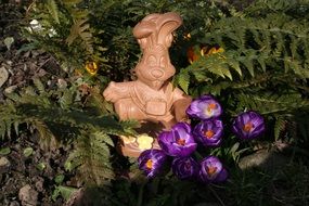 closeup view pf chocolate Easter Bunny in the flower bed