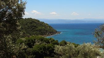 scenic green coast at blue sea, Greece, Skiathos