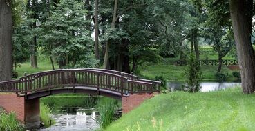 pedestrian bridge across canal in summer park