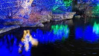 holiday decoration lights reflected in the water