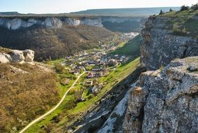 aerial panoramic view of a village in a mountain gorge