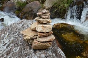Meditation, stone symbol near Waterfall