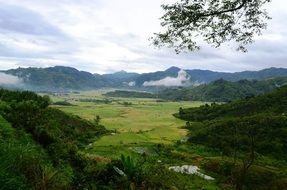 panoramic view of a green valley at the foot of the mountains