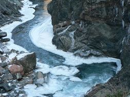 Mountain river in canyon in the winter