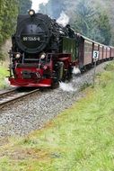 steam locomotive with passenger carriages on Narrow Gauge, germany, Harz Railway