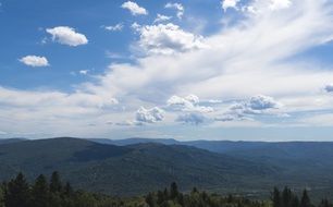 bright sky in white clouds over a mountain landscape