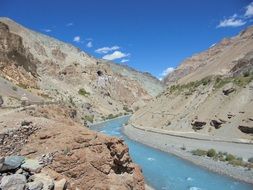 Beautiful panorama of the river among the mountains under blue sky with white clouds on a clear sunny day