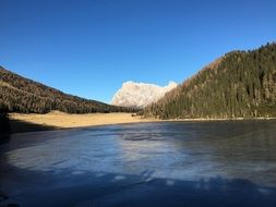 scenic frozen lake in Dolomites, Alps, Italy