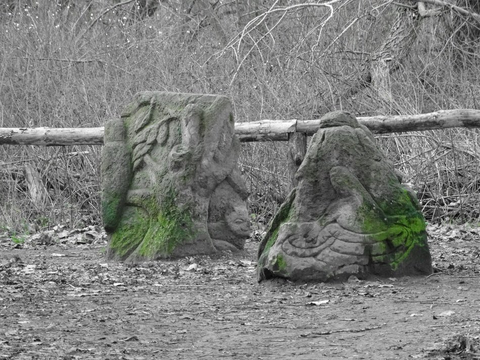 mossy stone sculptures outdoor