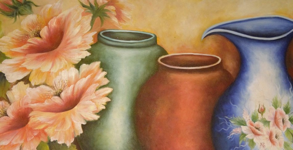 painting in the form of flowers near jugs