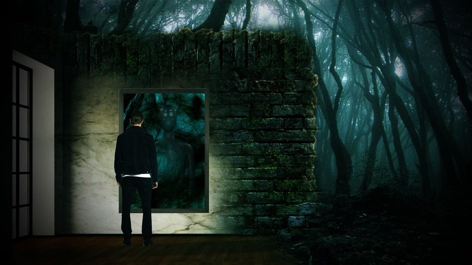 figure among the ruins in a gloomy forest