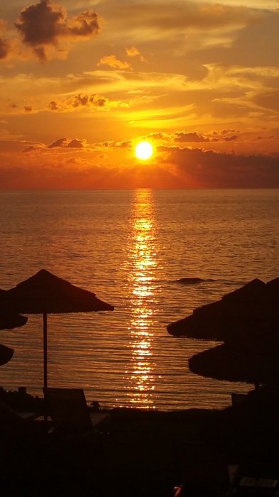 silhouette of beach umbrellas in the light of the outgoing sun