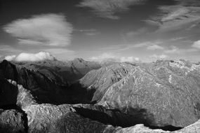 black and white panorama of mountain peaks