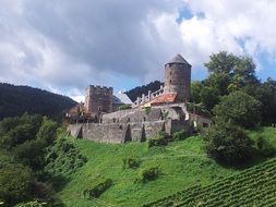 castle on a green hill on a background of white clouds