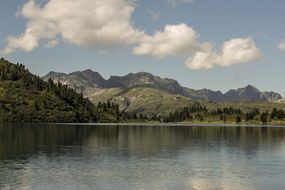 Beautiful lake among the colorful mountains under blue sky with white clouds