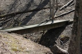 Beautiful old wooden bridge over the ditch among the trees