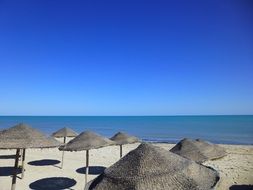 beach umbrellas on the coast in Tunisia