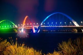 Beautiful and colorful colorful lighting bridge at night in Brasilia, Brasil