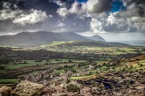 rocks under clouds in gorgeous mountain Landscape, uk, wales, Yr Eifl