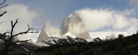 Fitz Roy Mountains summits at clouds, Argentina