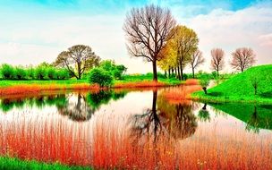 picturesque lake in a colorful vibrant landscape