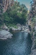 panorama of a river in a gorge surrounded by trees