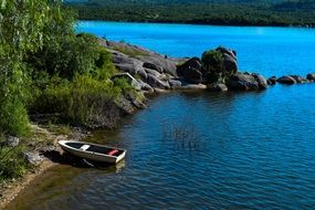 boat on the shore of a picturesque lake