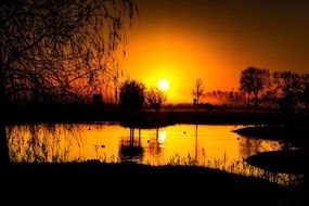 sunrise on the horizon of the pond