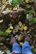 man in sports shoes in the forest