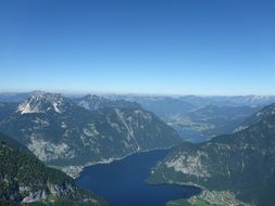 view from a height of a lake in the mountains of austria