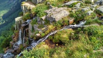 a stream of waterfall flows on a rock