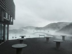 volcanic steam over a resort in iceland