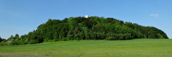 distant view of a structure in a green forest on a hill in poland