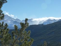 panorama of a mountain range in white clouds in colorado