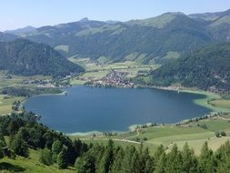 distant view of a mountain lake in Austria