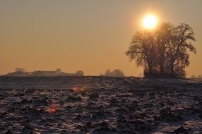 winter snow landscape on the sunset