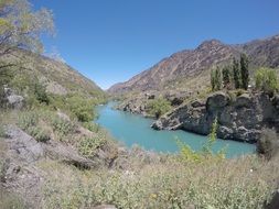 panorama of a lake with turquoise water among the mountains