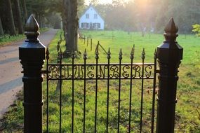 forged Grid fence at path through Green lawn