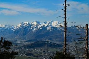 distant view of the snow-capped mountains santis in northeast switzerland