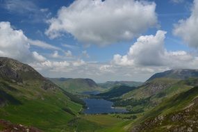 distant view of a lake in a valley under white clouds